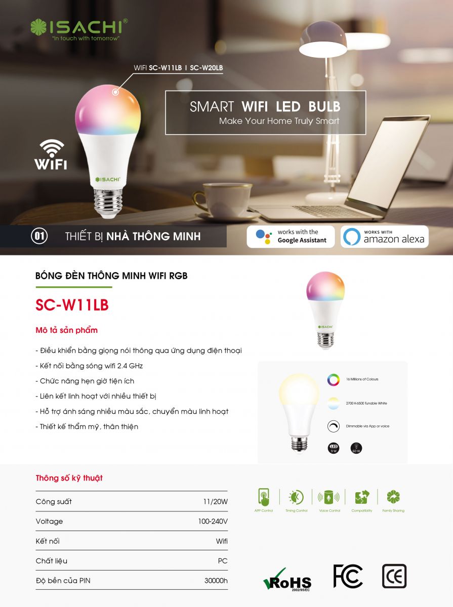 Bóng đèn thông minh Wifi RGB ISACHI SC-W11LB